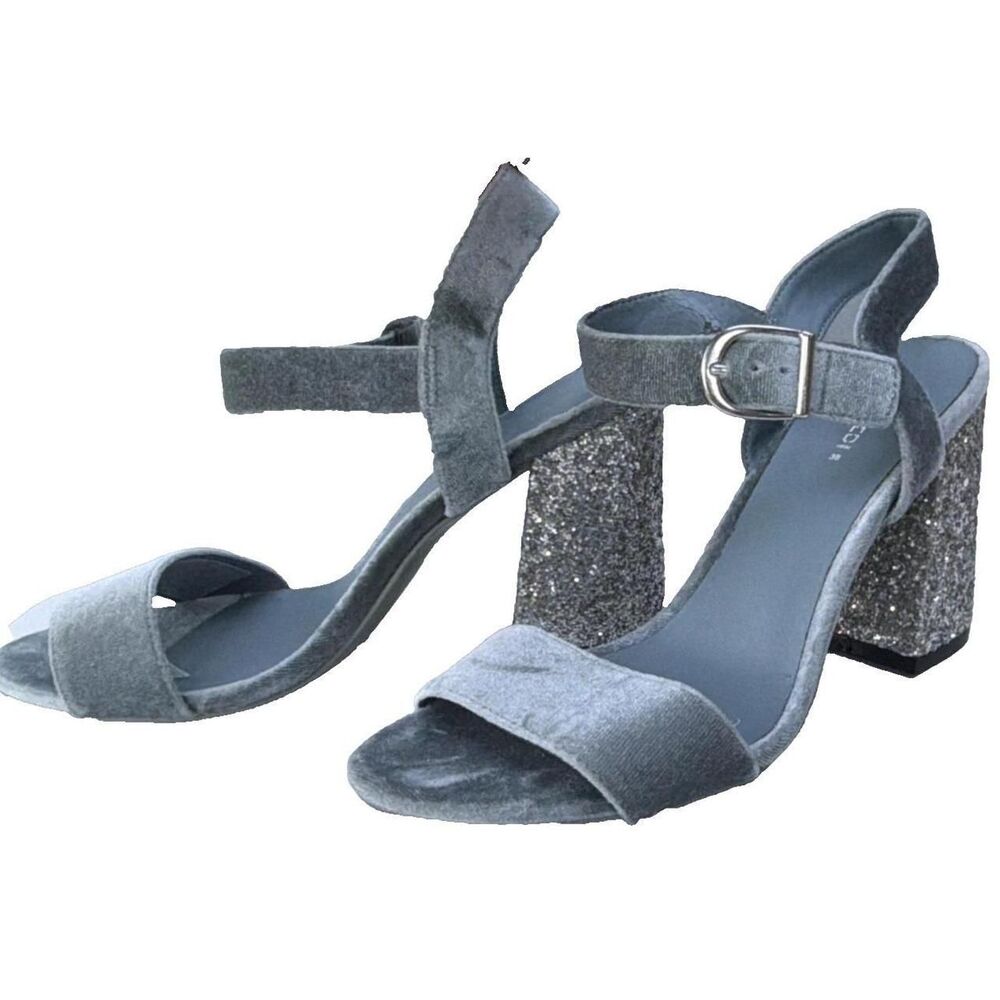 H&M Women's 7 Gray Velvet Glitter Block Heel Ankle Strap Sandals Party Y2K - Picture 4 of 8